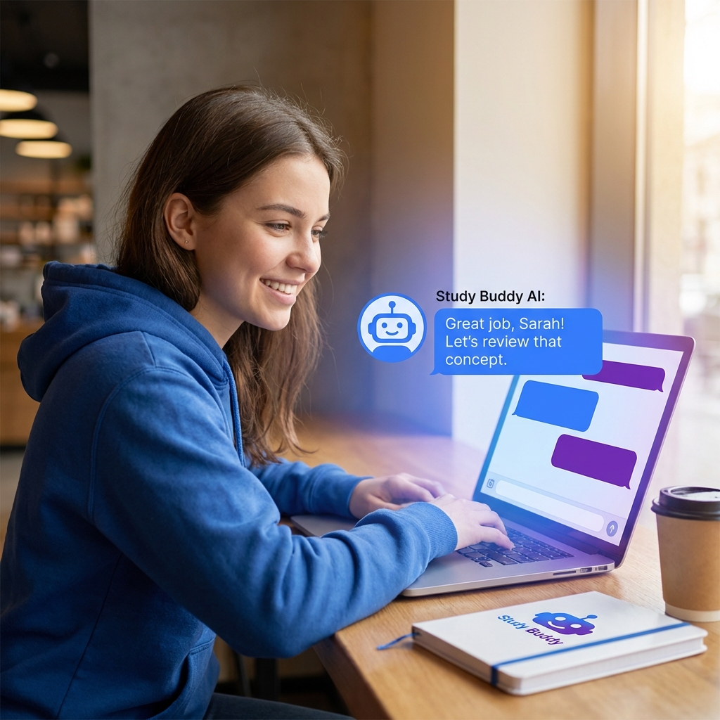 A student smiling at a laptop screen that glows with a friendly chat interface, illustrating an AI study companion.