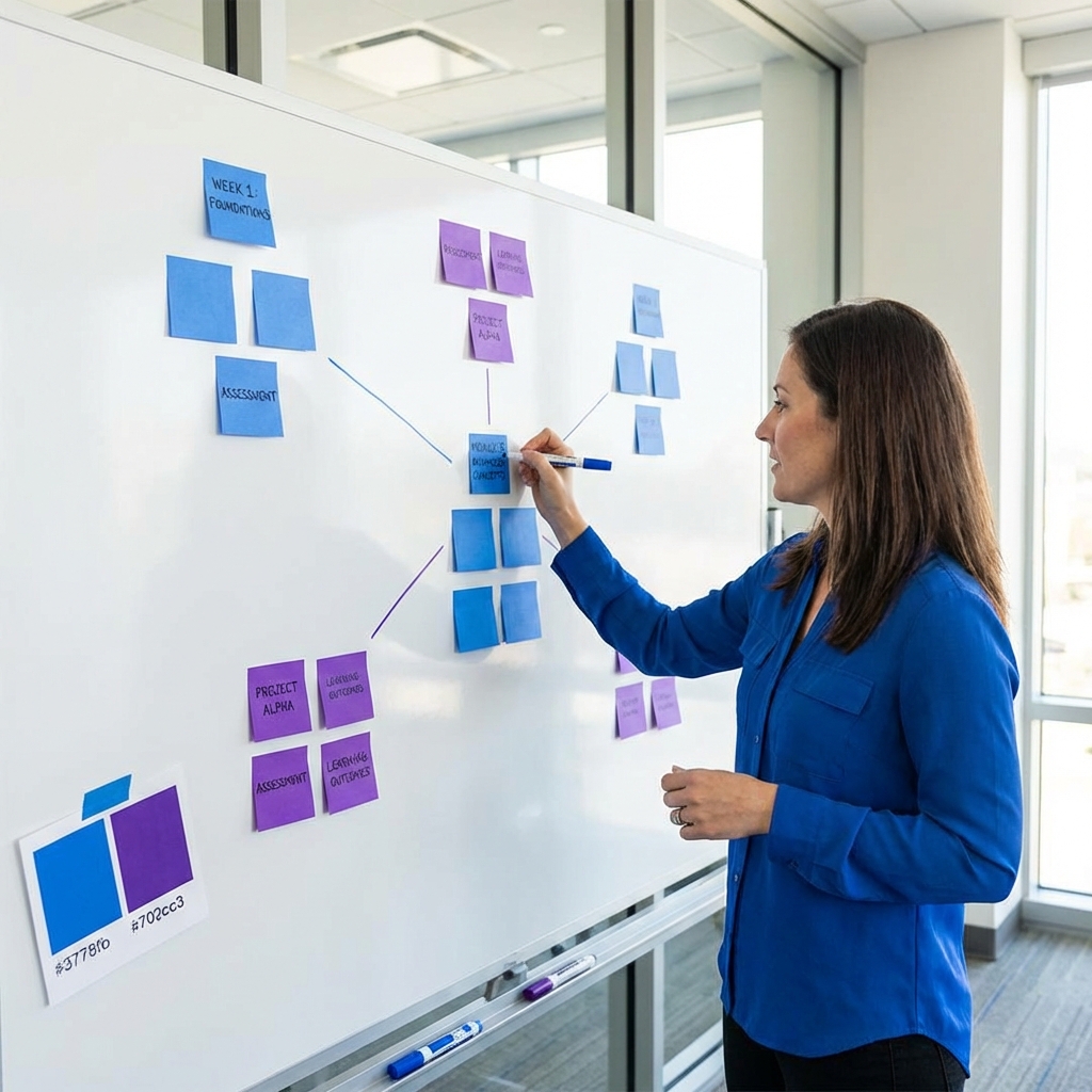 Instructor mapping out a curriculum on a whiteboard with sticky notes