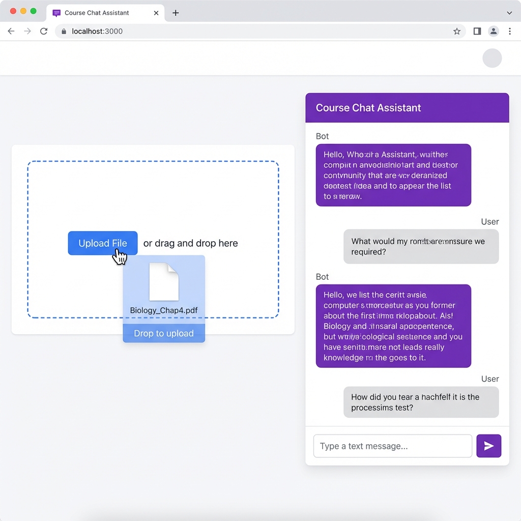 A screenshot showing a file upload button next to a chat interface, dragging a PDF named 'Biology_Chap4.pdf'.