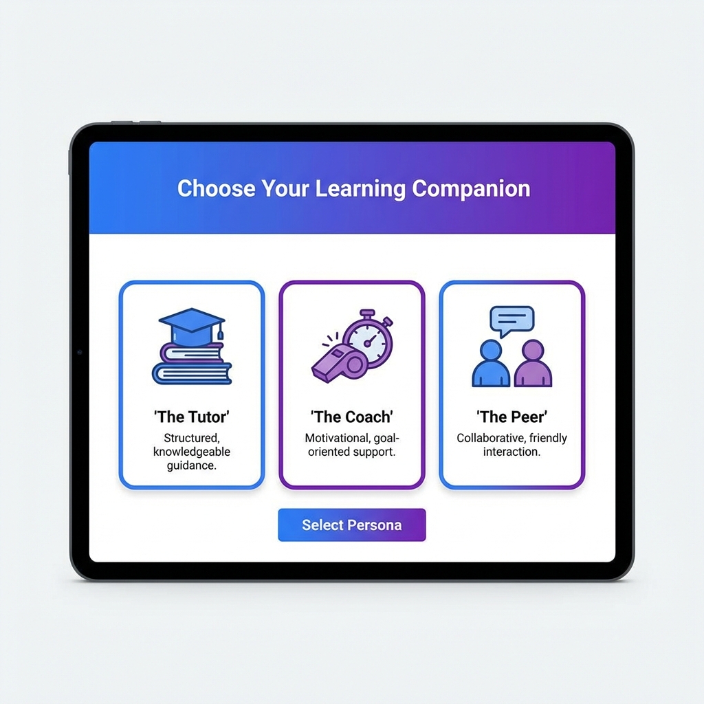 A visual representation of a persona selection screen showing options like 'The Tutor', 'The Coach', and 'The Peer'.